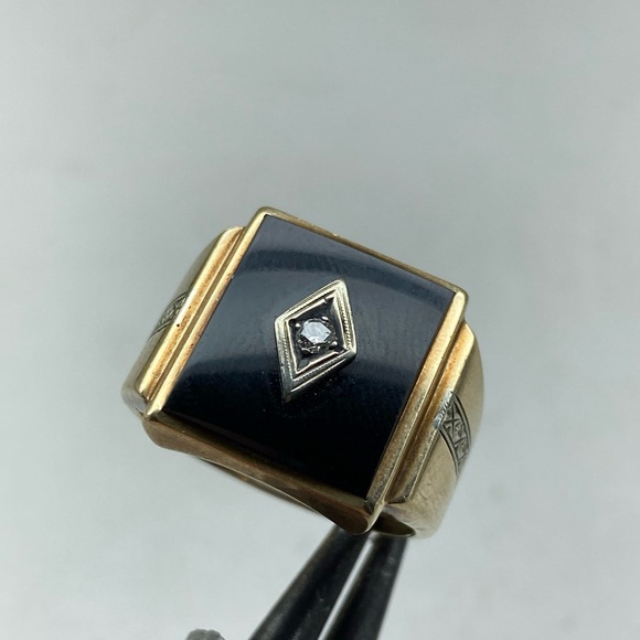 Vintage 10k Yellow Gold IHS Obsidian Mens Ring With Diamond Center Size 11 - Picture 14 of 16